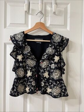 Anthropology Black Sleeveless Ruffle Top with Cream Floral Embroidery